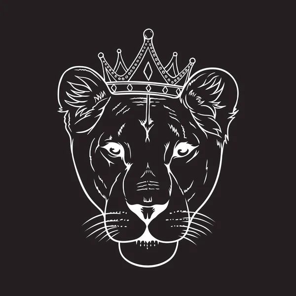 Head Lioness Wearing Crown Vector Line Art Illustration — Stock Vector