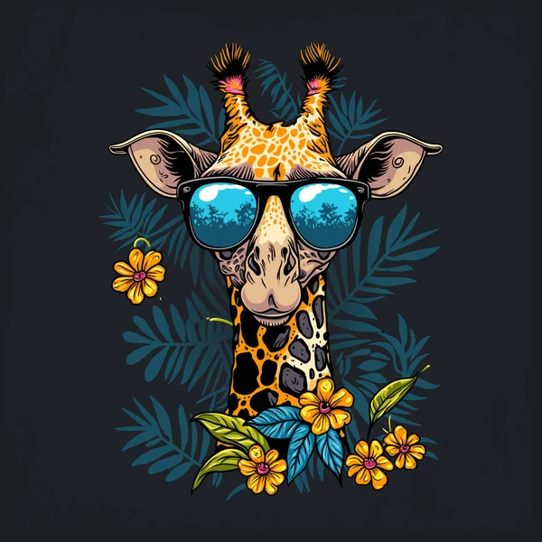 头戴太阳镜的时髦长颈鹿 有花卉和叶饰背景 — 图库矢量图片