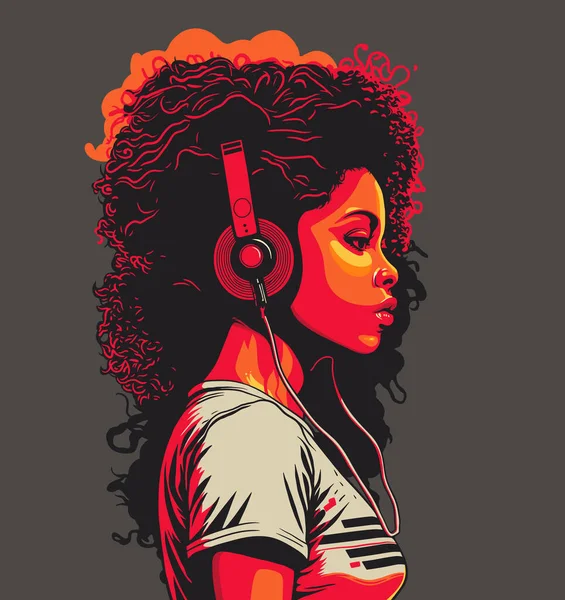 Black Woman Big Afro Hair Wearing Headphones Enjoying Music Vector — Stock Vector