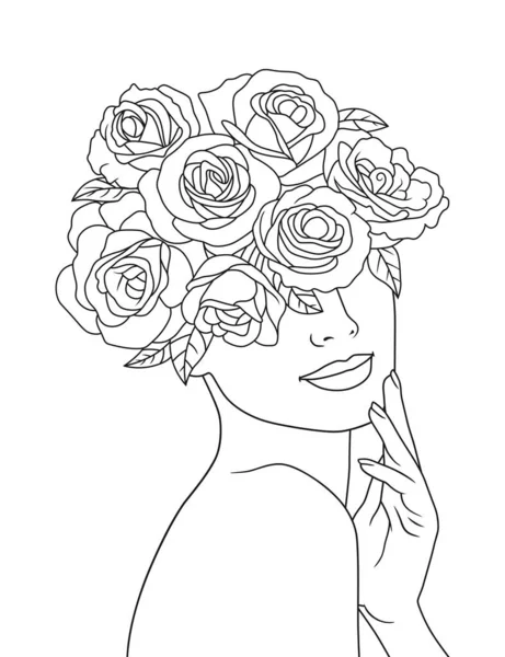 Dibujo Línea Ilustración Femenina Cabeza Flor Cara Mujer Con Flores — Vector de stock
