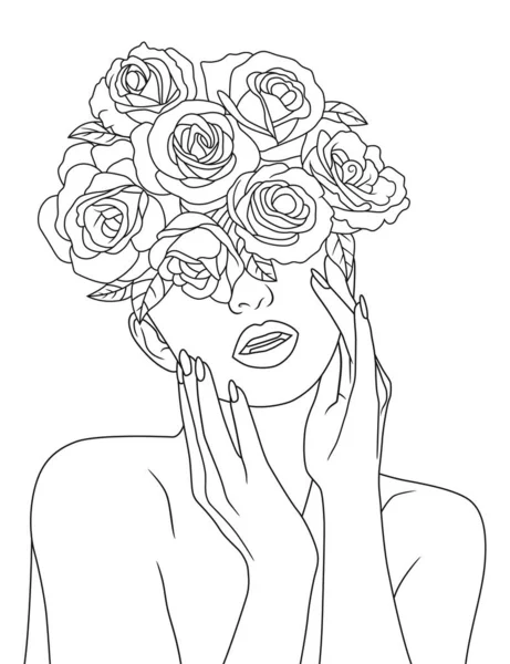 Sensuellt Blomhuvud Feminin Illustration Linje Ritning Kvinna Ansikte Med Blommor — Stock vektor