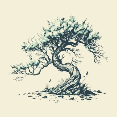 Clean line art of old tree, vector illustration clipart