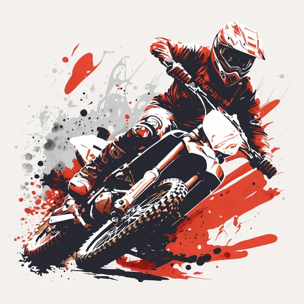 Ilustrasi Vektor Pengendara Motocross Dengan Latar Belakang Kuas Grunge - Stok Vektor