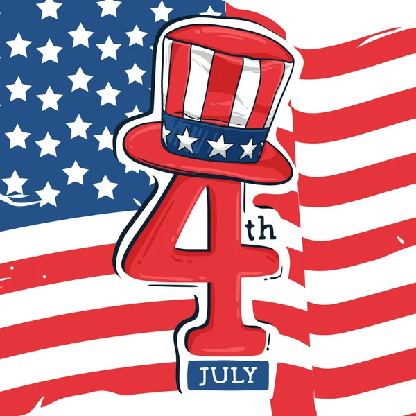 Feliz Julho Com Tio Sam Chapéu Acenando Fundo Bandeira Americana —  Vetores de Stock