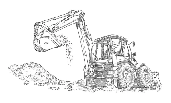 Big Excavator Digging Ground Work Hand Drawn Vector Sketch — Stock Vector