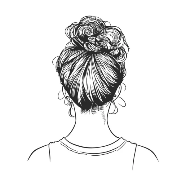Women Messy Bun Hair Style Seen Hand Drawn Line Art — Stock Vector
