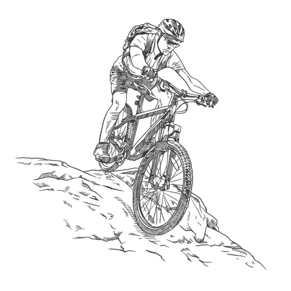 Hombre Montando Una Bicicleta Montaña Boceto Dibujado Mano Blanco Negro — Vector de stock