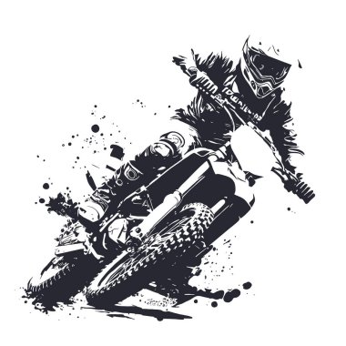 Motocross rider vector line art illustration with grunge brush background clipart
