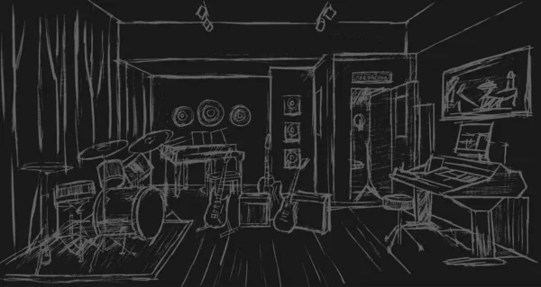 Χειροποίητη Διανυσματική Απεικόνιση Μουσικού Στούντιο Μαύρο Φόντο — Διανυσματικό Αρχείο