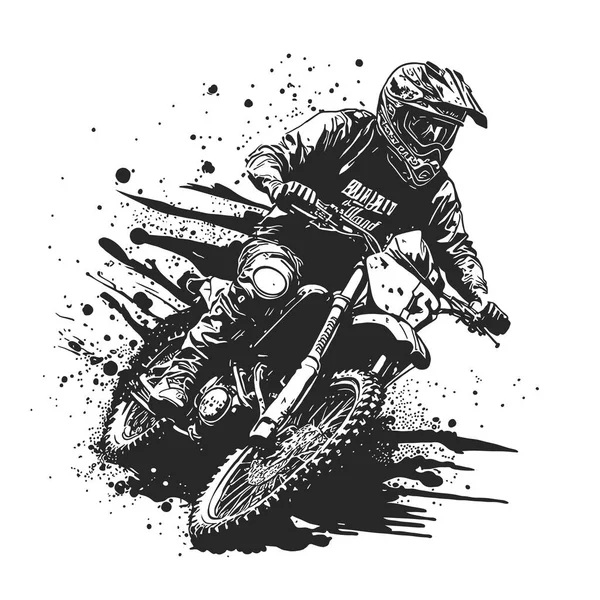 Motocross Ryttare Vektor Linje Ritning Illustration Med Grungy Borste Bakgrund — Stock vektor