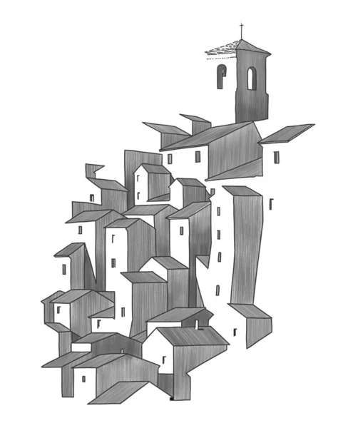 Des Maisons Empilées Dans Une Ville Sur Terrain Accidenté Illustration — Image vectorielle