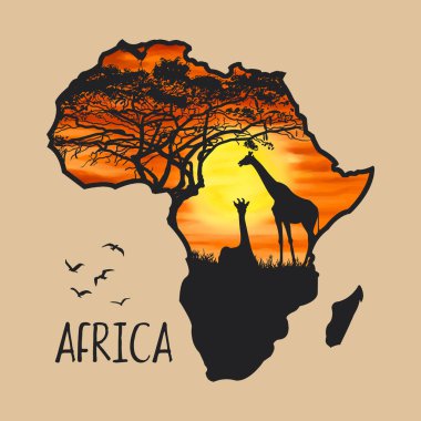 Afrika haritası, orman ve hayvanların resmedildiği siluet. Vektör tasarımı