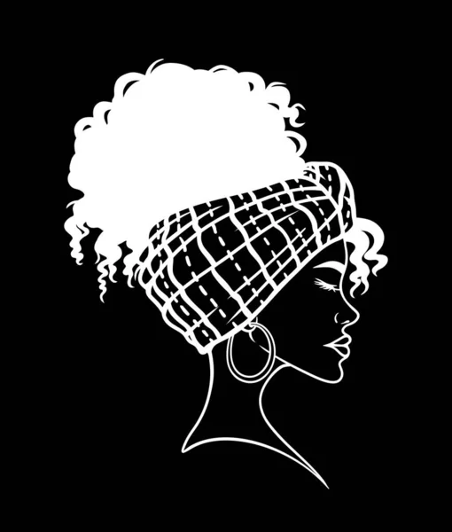 传统头巾中美丽的非洲女性肖像 黑色背景上的矢量线条艺术 — 图库矢量图片