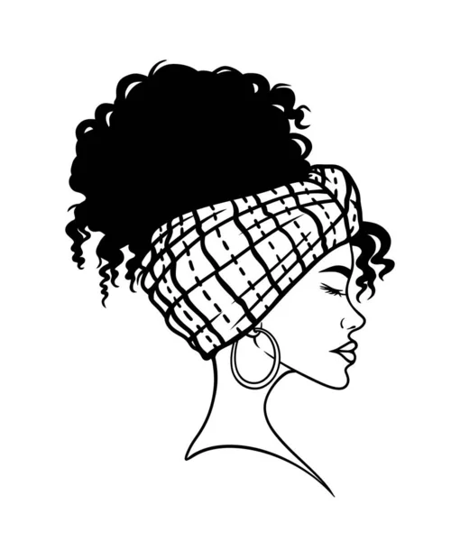 传统头巾中美丽的非洲女性肖像 矢量线艺术 — 图库矢量图片