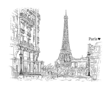 Streets of Paris hand drawn sketch, vector illustration clipart