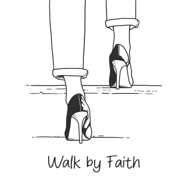 Walk Faith Inspirational Quote Woman Walking Stairs High Heels — Stock Vector