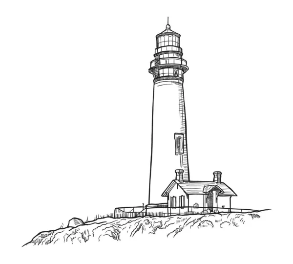 Çizimi Vektör Çizimi Deniz Kıyısındaki Deniz Feneri — Stok Vektör