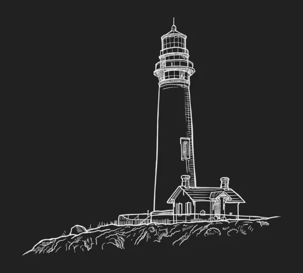 Handgezeichnete Vektorillustration Leuchtturm Meeresufer Isoliert Auf Schwarzem Hintergrund — Stockvektor