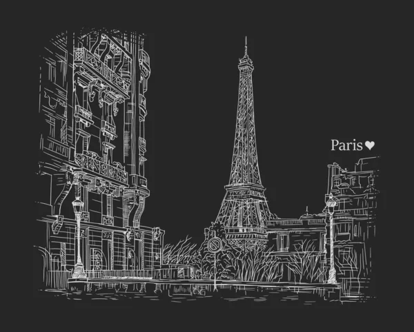 Straßen Von Paris Handgezeichnete Skizze Vektorillustration Isoliert Auf Schwarzem Hintergrund — Stockvektor