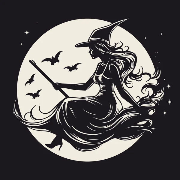 Beautiful Witch Flying Broomstick Night Sky Background Full Moon — Stock Vector