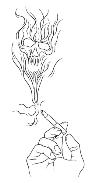 Cigarro Queimando Com Uma Fumaça Formada Crânio Ilustração Arte Linha — Vetor de Stock