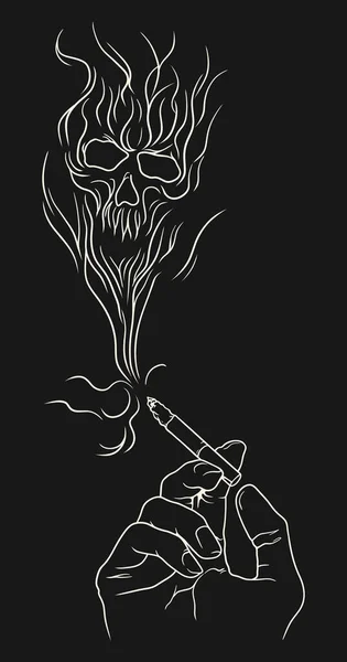 Cigarro Queimando Com Uma Fumaça Formada Crânio Ilustração Arte Linha — Vetor de Stock