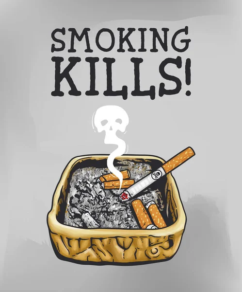 烟灰缸和香烟 题词吸烟使人死亡 矢量说明 — 图库矢量图片