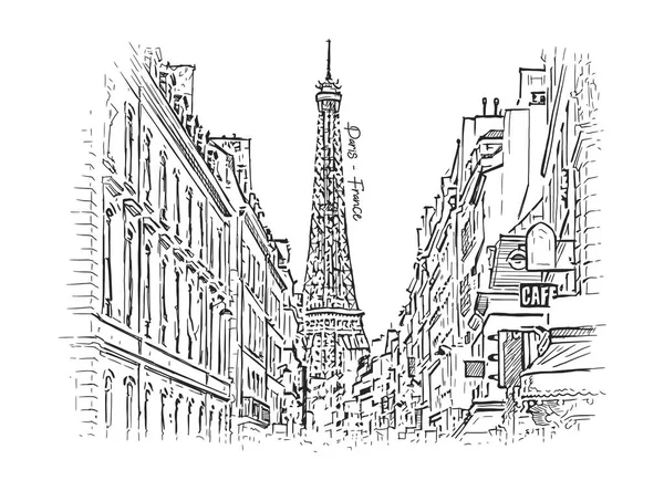 Paris City Eiffel Tower Seen Street Side Hand Drawn Vector — Stock Vector
