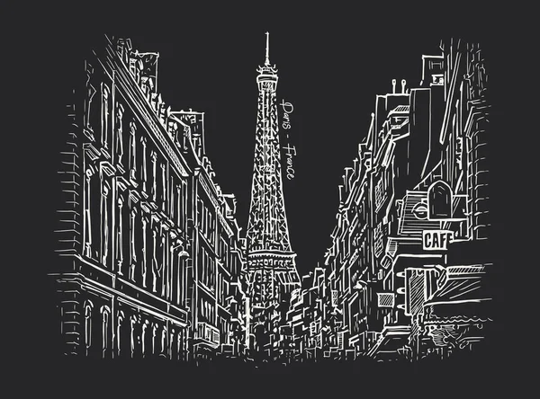 Paris City Eiffel Tower Seen Street Side Hand Drawn Vector — Image vectorielle