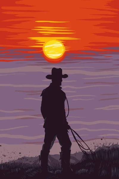 stock vector Cowboy silhouette against a blazing sunset. Hand drawn vector illustration