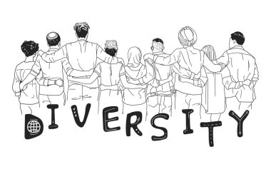 Group of people from different races embrace each other, with the inscription diversity clipart