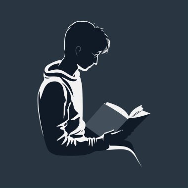 Minimalist genç adam okuyucu vektör çizimi. Bir kitabı iki elinle tutup dikkatle okumak.