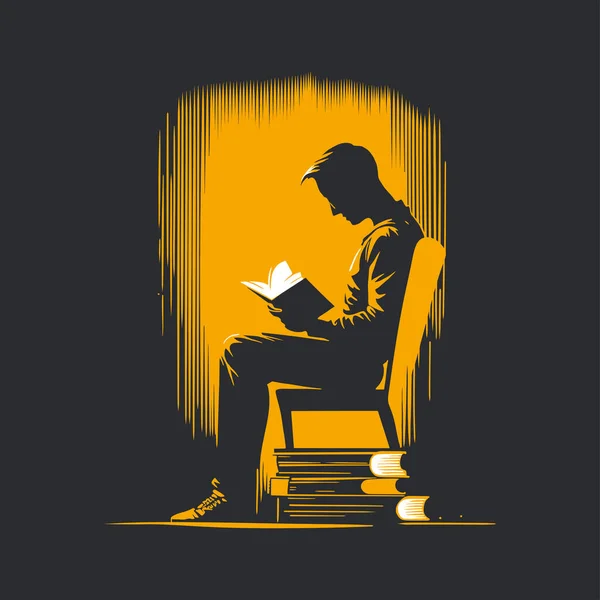 Kitap okuyan bir adamın vektör çizimi. El çizimi stili ve turuncu ve siyah renkli.