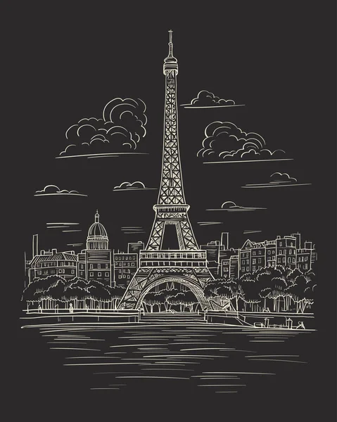 Torre Eiffel Boceto Blanco Negro — Vector de stock