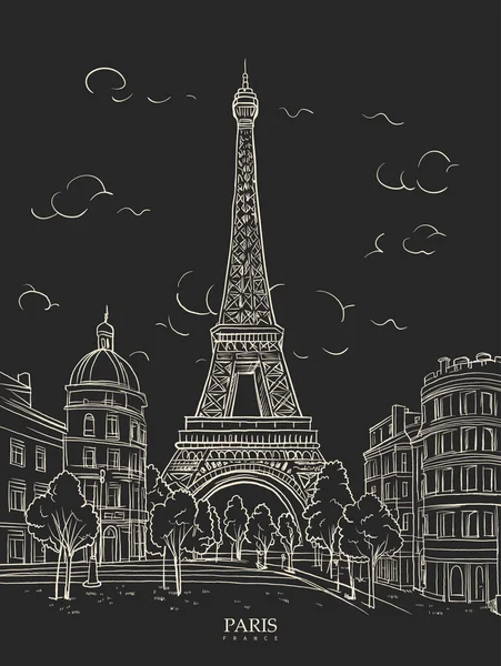 Torre Eiffel Parigi Paesaggio Urbano Minimalismo Line Art Sfondo Nero — Vettoriale Stock