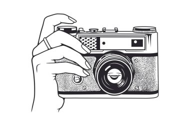 Klasik bir kamerayı tutan bir elin siyah beyaz çizimi