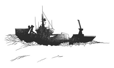 Siyah beyaz bir vektör çiziminde resmedilmiş, denizde gezinen bir gemi..