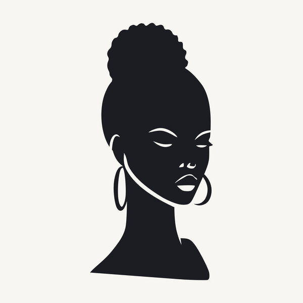 Black and white vector illustration of a beautiful African American woman in profile.