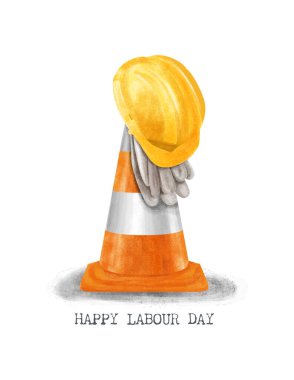 Watercolor illustration of a safety helmet and a traffic cone with the inscription Happy Labor Day. clipart