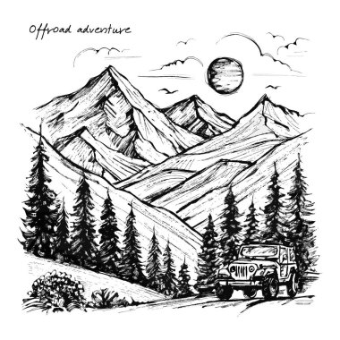 Dağlarda off road aracı, kaliteli mürekkep çizimi.