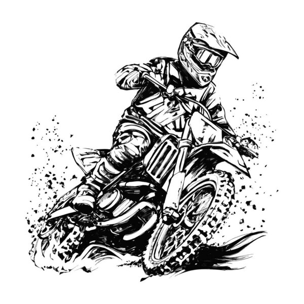 Motocross rider ink drawing. Hand drawn vector illustration.
