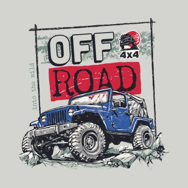 El çizimi mavi off road aracı, grunge tarzı vektör illüstrasyonu.