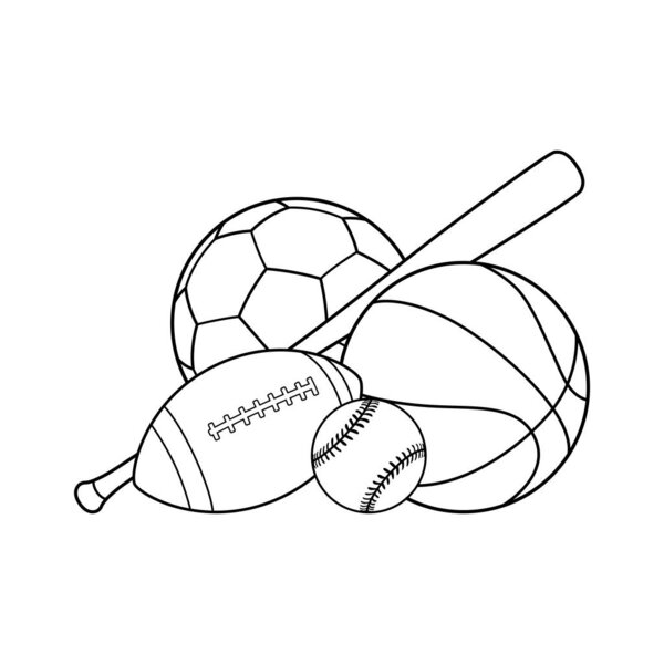 Popular sports equipment. Line art vector illustration.