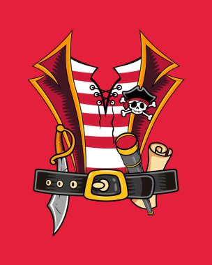 Vibrant illustration of pirate-themed items including a sword, belt, and shirt, with a red backdrop. clipart