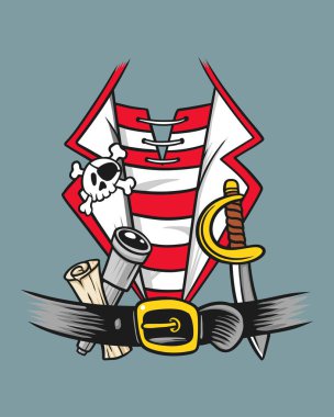 Stylized vector illustration of a classic pirate costume with accessories on a gray background. clipart