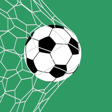 Beyaz gol ağına yakalanmış klasik bir futbol topunun grafiksel görüntüsü canlı yeşil bir zemine karşı