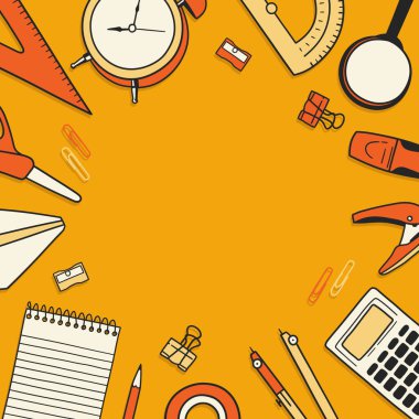Okul ve ofis malzemelerinin düz tasarım vektörü turuncu bir arkaplan etrafında düzenlendi