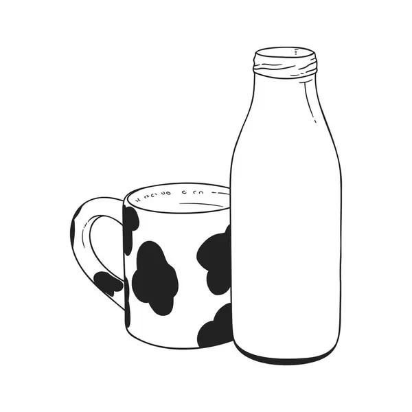 Zwart Wit Illustratie Van Een Melkfles Naast Een Mok Met — Stockvector
