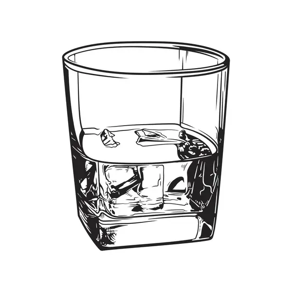 Zwarte Witte Lijn Kunst Van Een Whiskey Glas Met Ijsblokjes — Stockvector