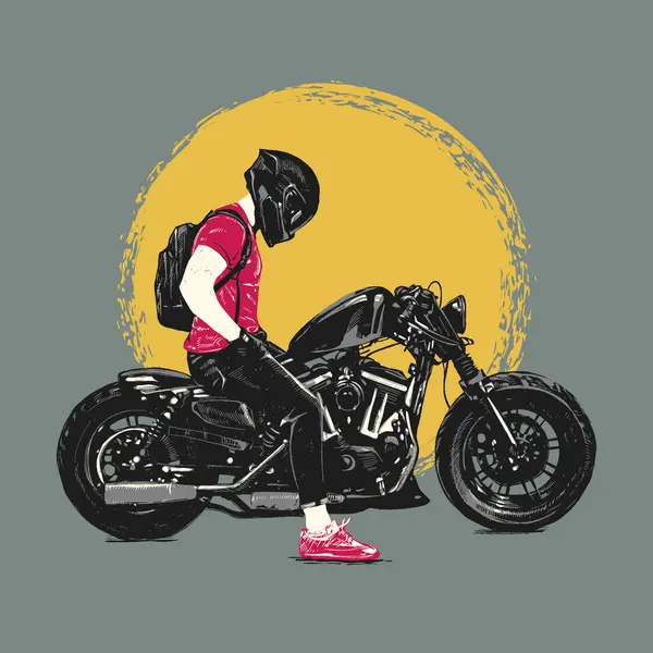 Illustratie Van Een Motorrijder Met Helm Poserend Door Een Motorfiets — Stockvector